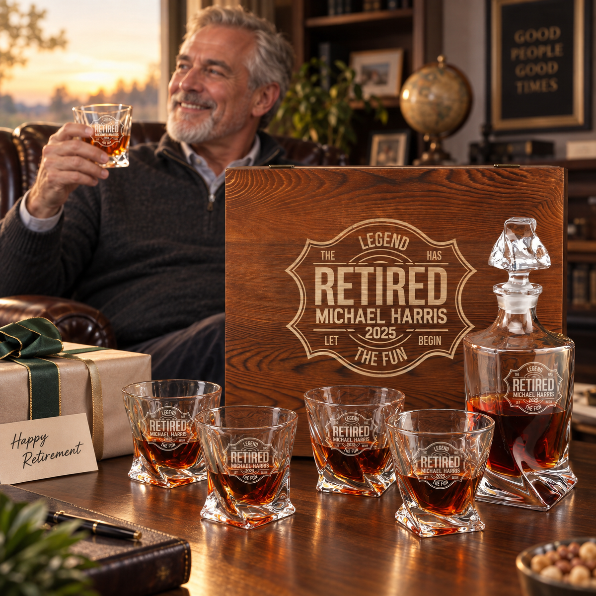 Retirement Gift – Twisted Decanter Set with 4 Glasses & Wooden Box – image 12