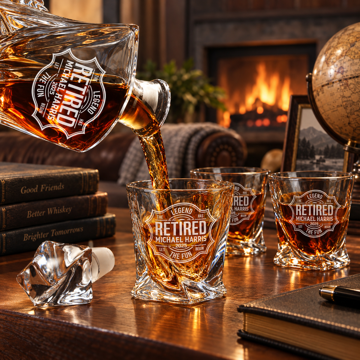 Retirement Gift – Twisted Decanter Set with 4 Glasses & Wooden Box product image
