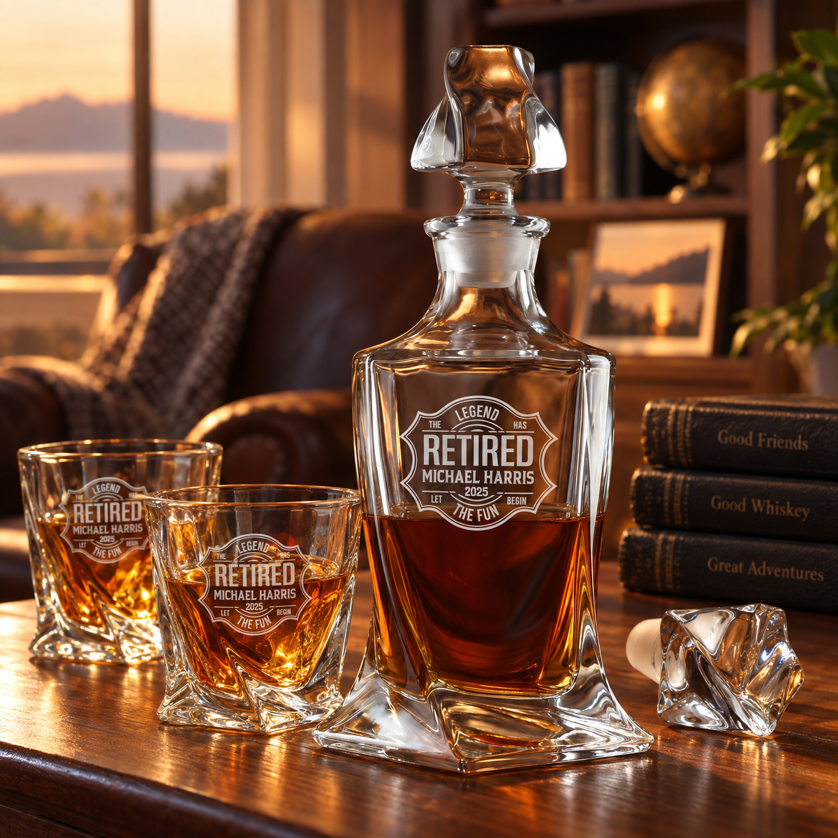 Retirement Gift – Twisted Decanter Set with 4 Glasses & Wooden Box – image 18
