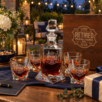 Retirement Gift – Twisted Decanter Set with 4 Glasses & Wooden Box – image 20