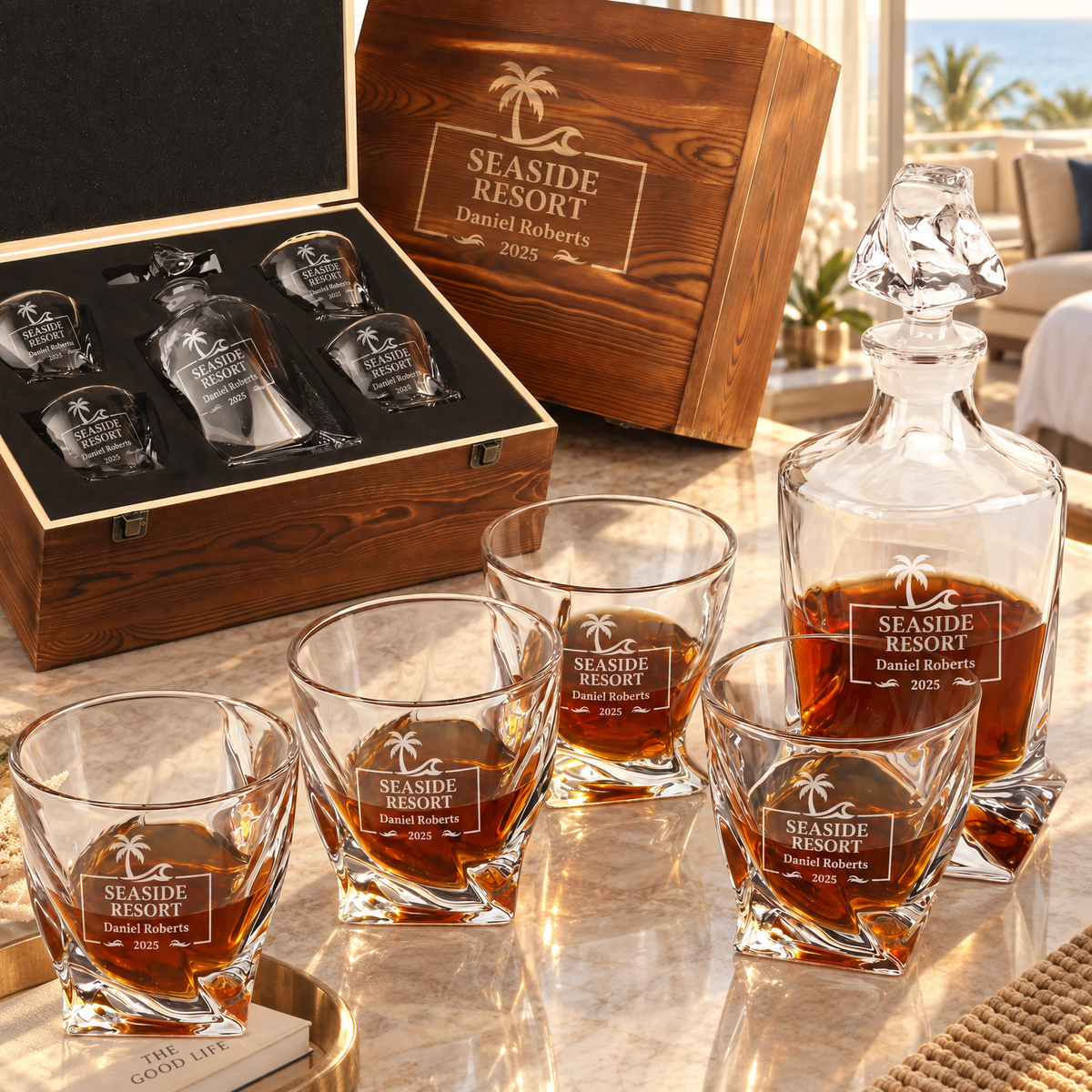 Travel & Hospitality Company Gifts – Twisted Decanter Set with 4 Glasses & Wooden Box – image 01
