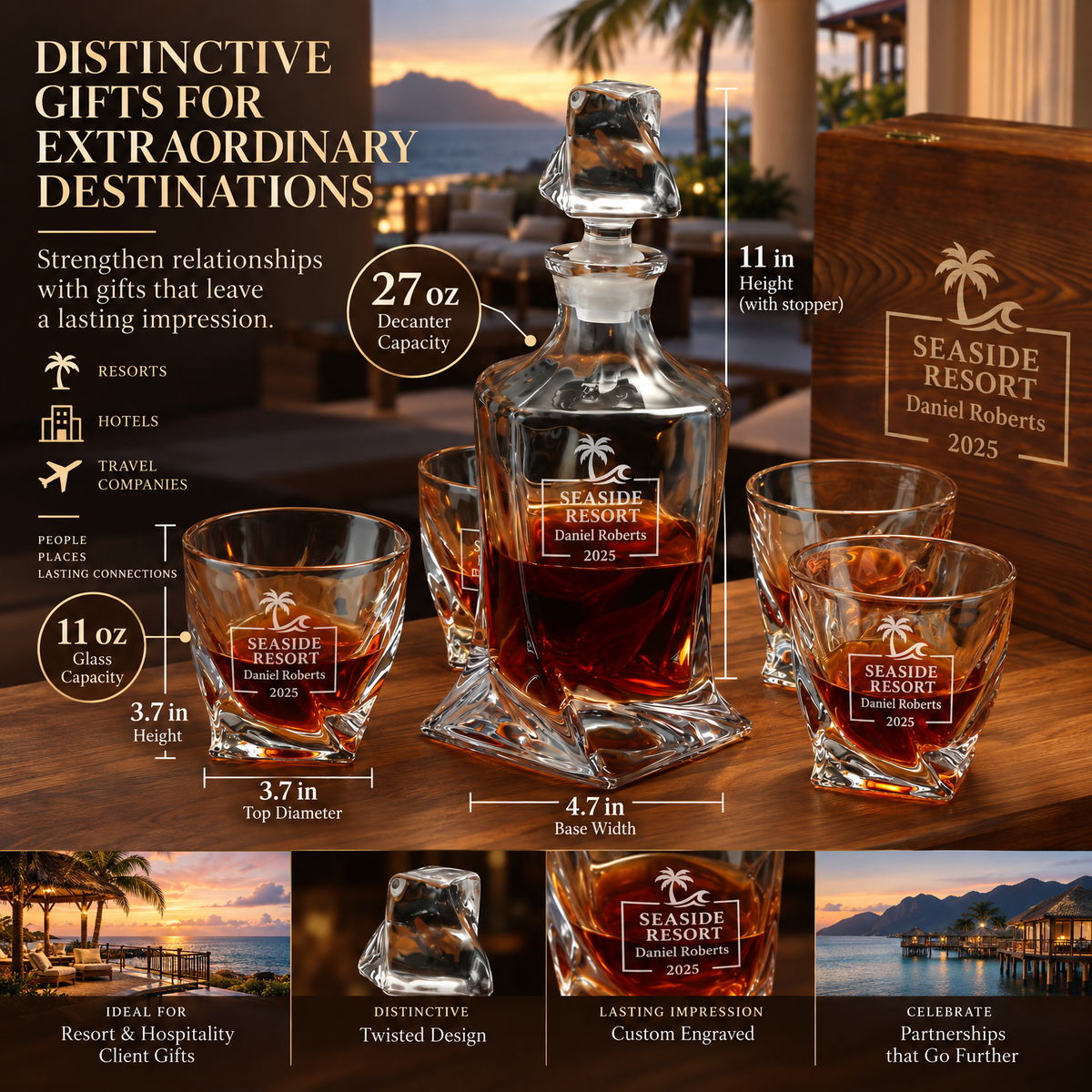 Travel & Hospitality Company Gifts – Twisted Decanter Set with 4 Glasses & Wooden Box product image