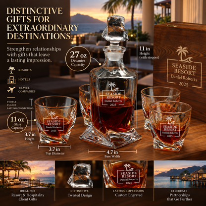 Travel & Hospitality Company Gifts – Twisted Decanter Set with 4 Glasses & Wooden Box – image 02