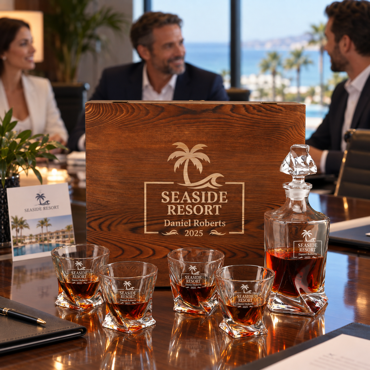 Travel & Hospitality Company Gifts – Twisted Decanter Set with 4 Glasses & Wooden Box product image
