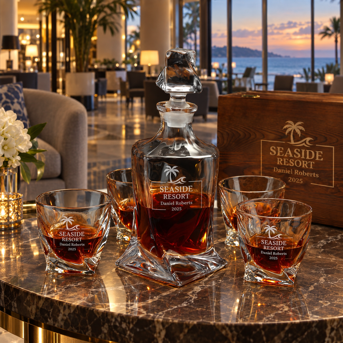 Travel & Hospitality Company Gifts – Twisted Decanter Set with 4 Glasses & Wooden Box product image