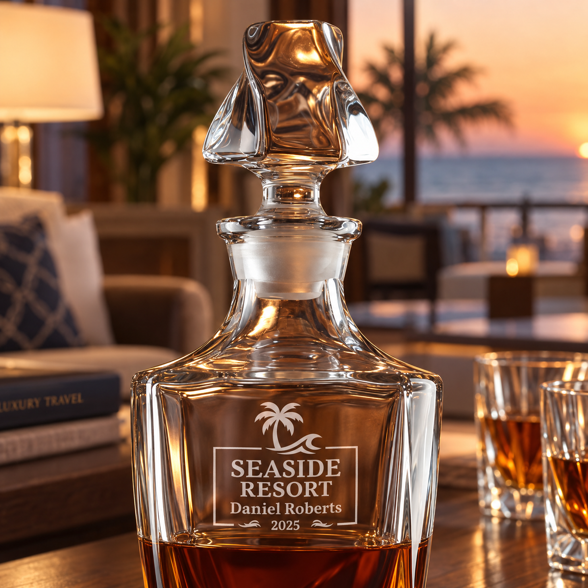 Travel & Hospitality Company Gifts – Twisted Decanter Set with 4 Glasses & Wooden Box product image
