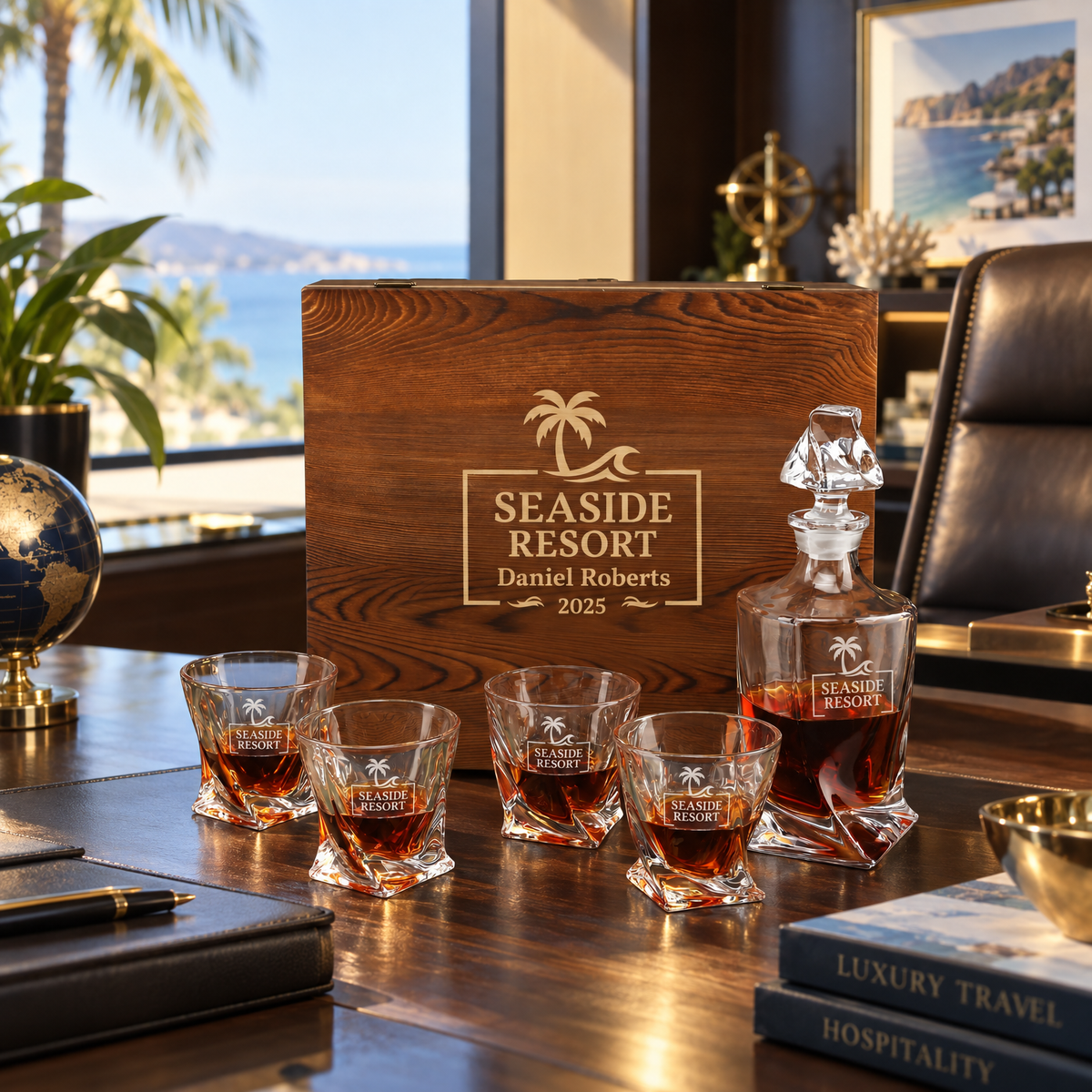 Travel & Hospitality Company Gifts – Twisted Decanter Set with 4 Glasses & Wooden Box – image 16