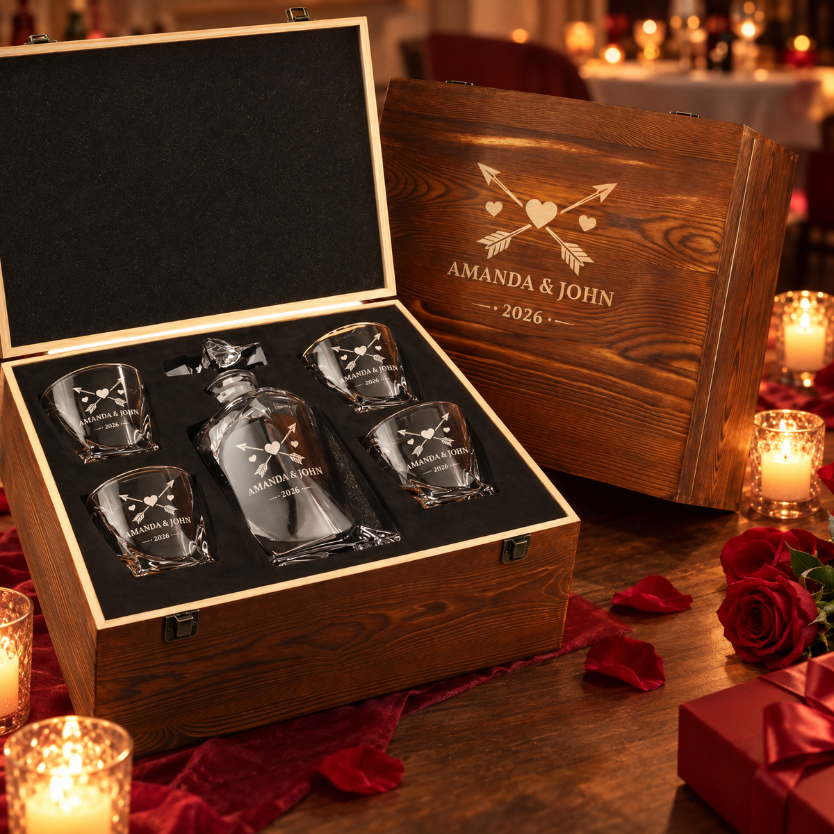 Valentine's Day Gift – Twisted Decanter Set with 4 Glasses & Wooden Box product image