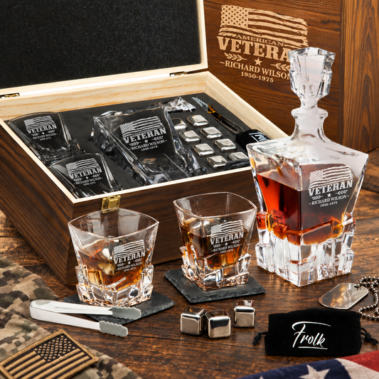 Veterans Day Gift – Stone Cut Decanter Set with 2 Glasses, 8 Whiskey Cubes & Wooden Box – image 1
