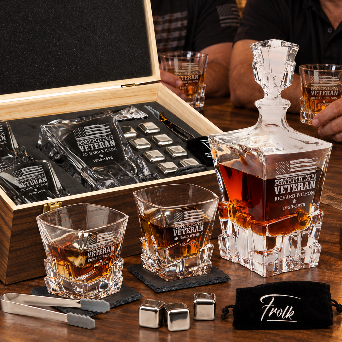 Veterans Day Gift – Stone Cut Decanter Set with 2 Glasses, 8 Whiskey Cubes & Wooden Box – image 10