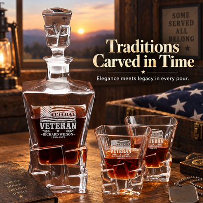Veterans Day Gift – Stone Cut Decanter Set with 2 Glasses, 8 Whiskey Cubes & Wooden Box – image 11
