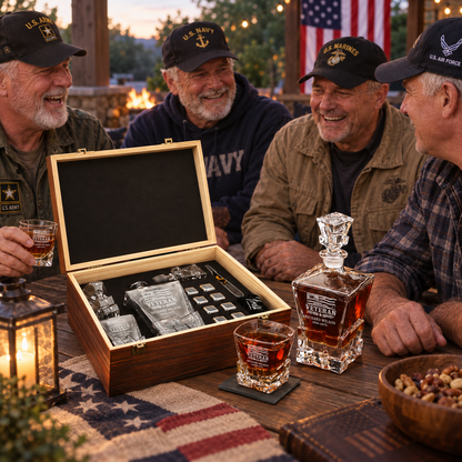Veterans Day Gift – Stone Cut Decanter Set with 2 Glasses, 8 Whiskey Cubes & Wooden Box – image 12