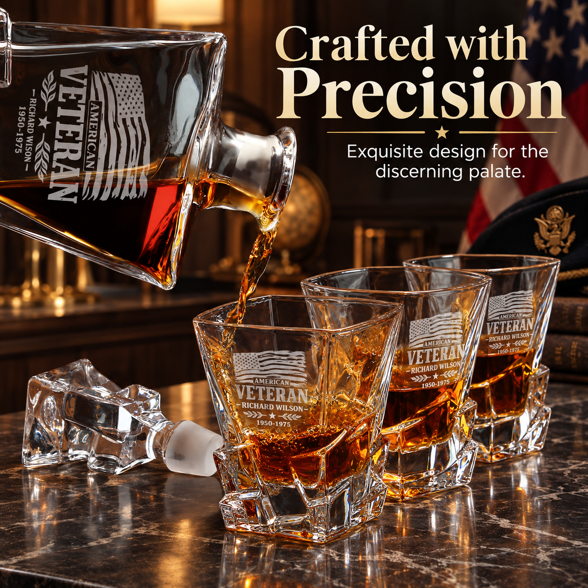 Veterans Day Gift – Stone Cut Decanter Set with 2 Glasses, 8 Whiskey Cubes & Wooden Box product image