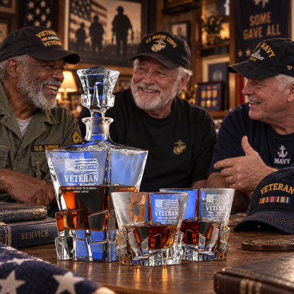 Veterans Day Gift – Stone Cut Decanter Set with 2 Glasses, 8 Whiskey Cubes & Wooden Box – image 14