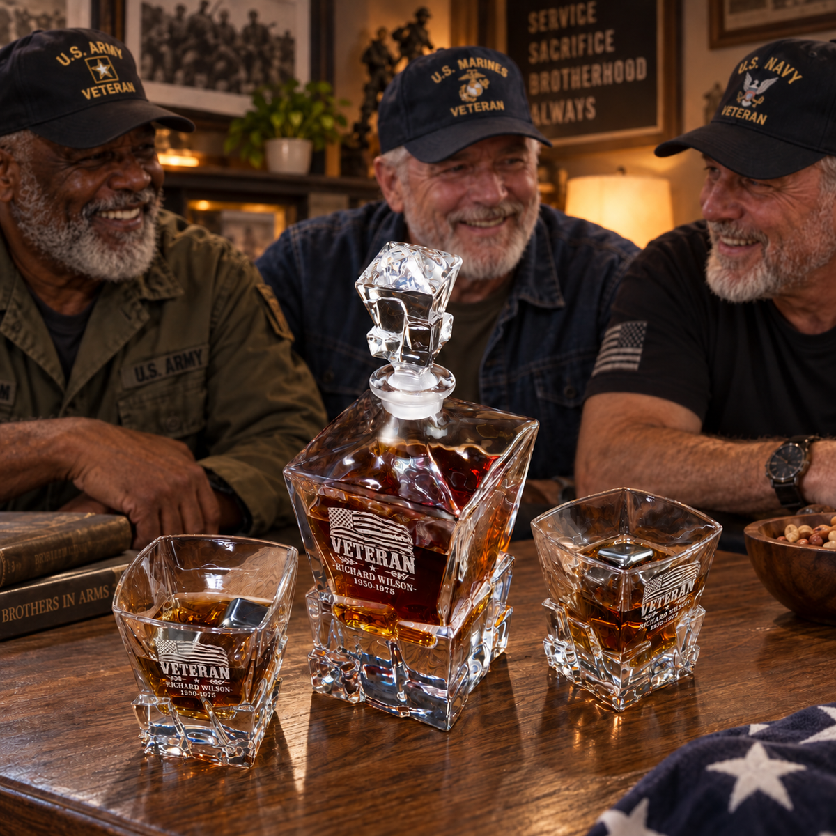 Veterans Day Gift – Stone Cut Decanter Set with 2 Glasses, 8 Whiskey Cubes & Wooden Box product image