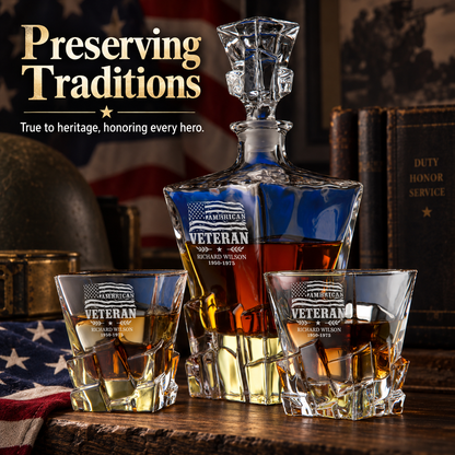 Veterans Day Gift – Stone Cut Decanter Set with 2 Glasses, 8 Whiskey Cubes & Wooden Box – image 16
