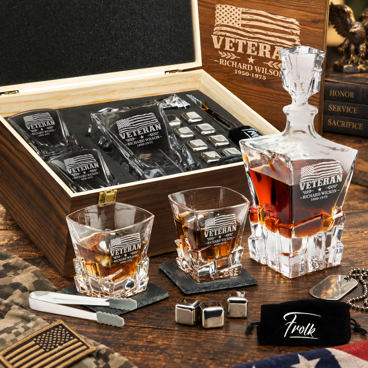 Veterans Day Gift – Stone Cut Decanter Set with 2 Glasses, 8 Whiskey Cubes & Wooden Box product image