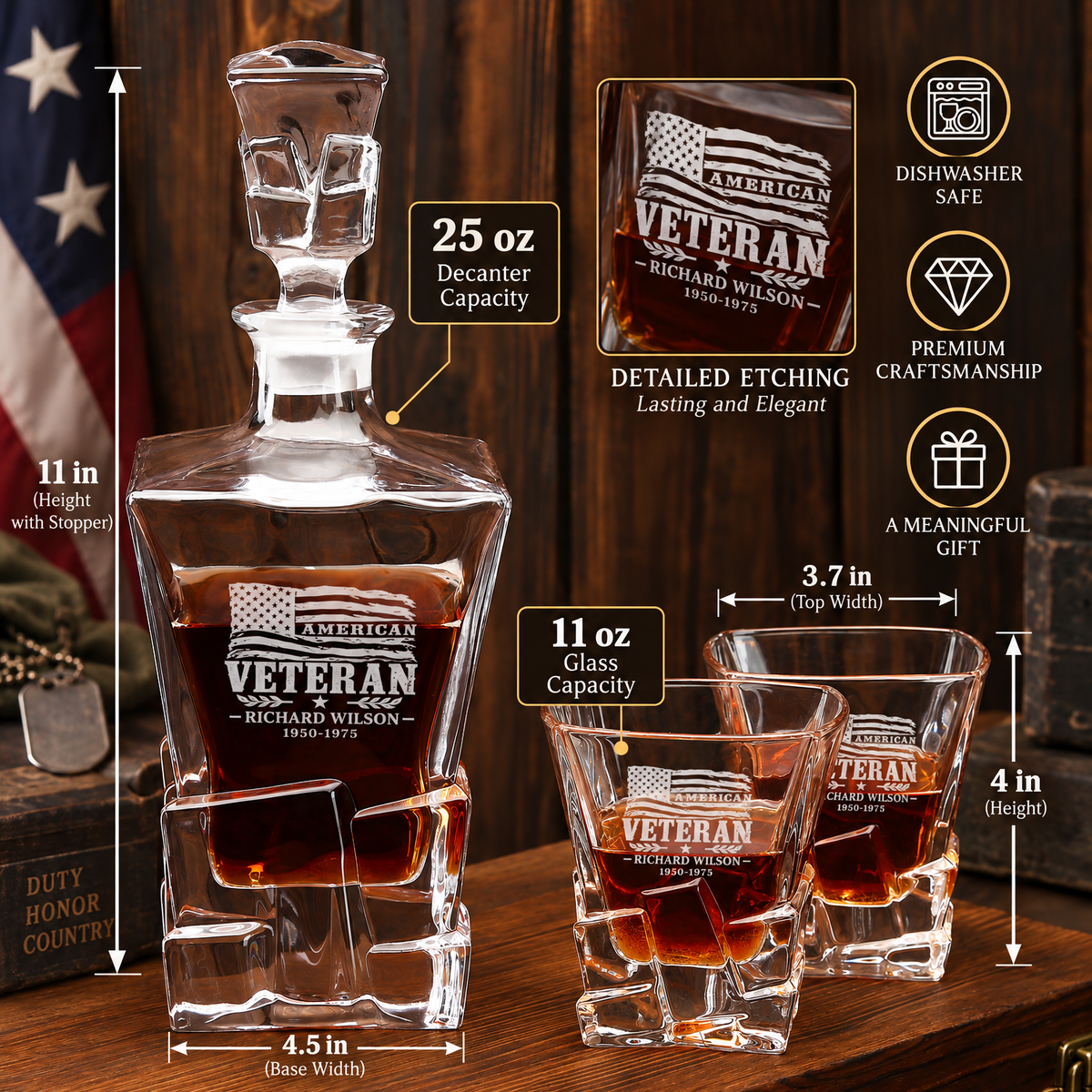 Veterans Day Gift – Stone Cut Decanter Set with 2 Glasses, 8 Whiskey Cubes & Wooden Box product image