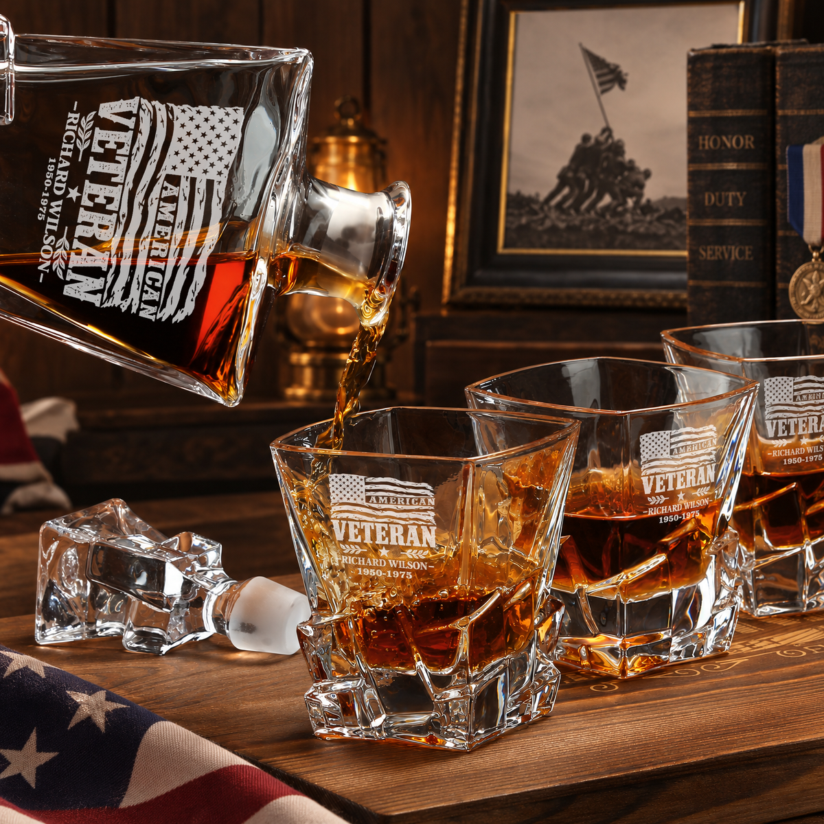 Veterans Day Gift – Stone Cut Decanter Set with 2 Glasses, 8 Whiskey Cubes & Wooden Box product image