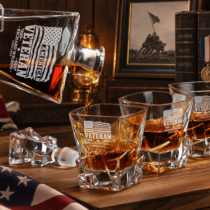Veterans Day Gift – Stone Cut Decanter Set with 2 Glasses, 8 Whiskey Cubes & Wooden Box – image 4