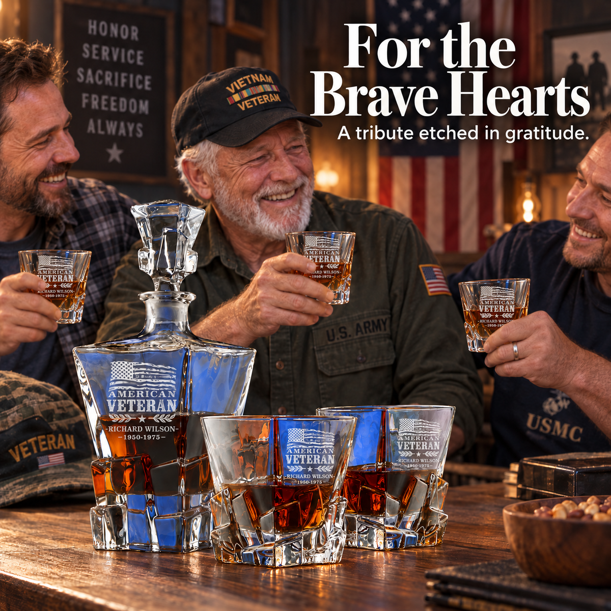 Veterans Day Gift – Stone Cut Decanter Set with 2 Glasses, 8 Whiskey Cubes & Wooden Box – image 5