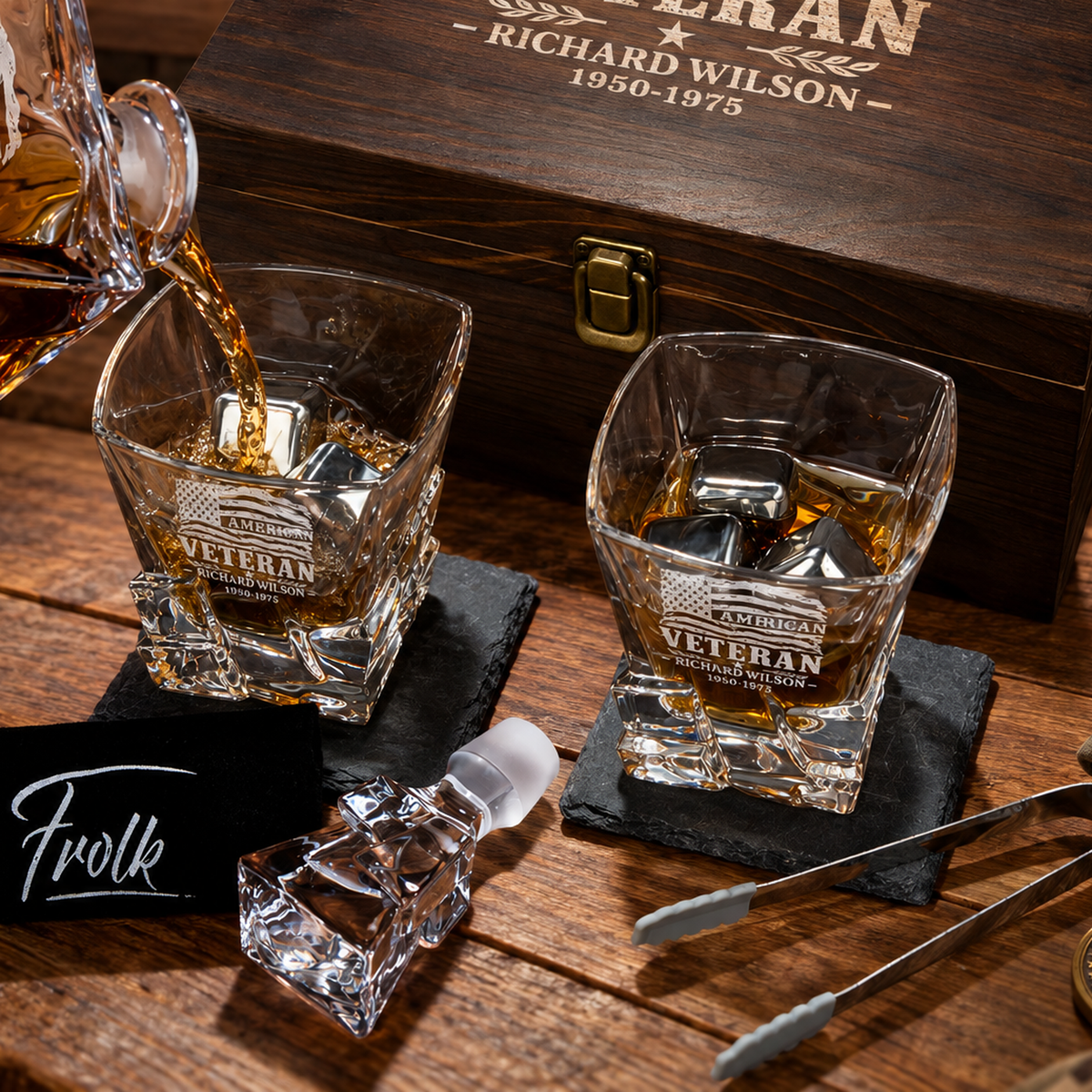 Veterans Day Gift – Stone Cut Decanter Set with 2 Glasses, 8 Whiskey Cubes & Wooden Box product image