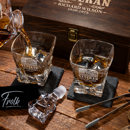 Veterans Day Gift – Stone Cut Decanter Set with 2 Glasses, 8 Whiskey Cubes & Wooden Box – image 6
