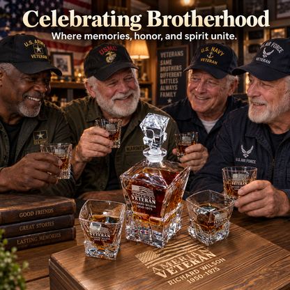 Veterans Day Gift – Stone Cut Decanter Set with 2 Glasses, 8 Whiskey Cubes & Wooden Box – image 7
