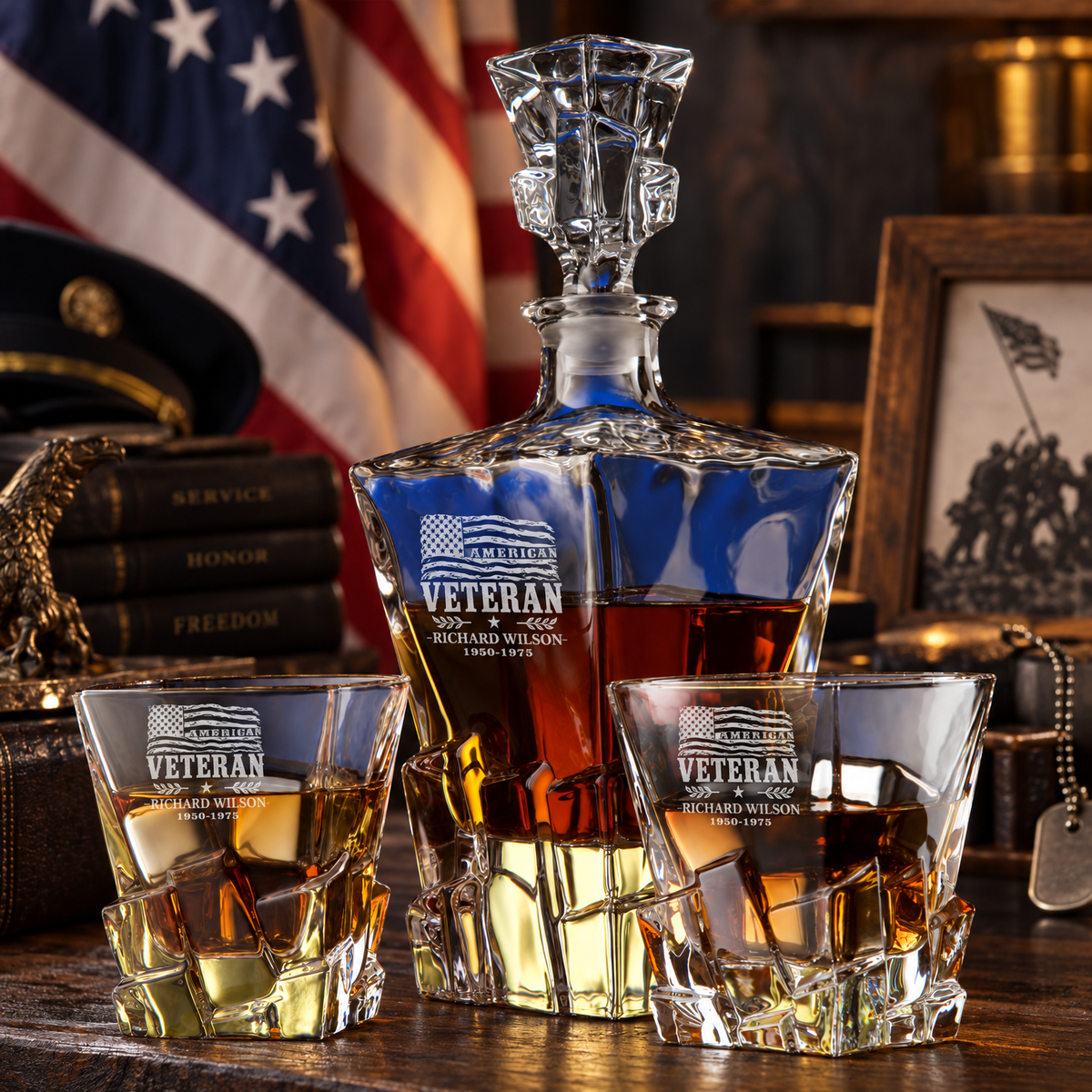 Veterans Day Gift – Stone Cut Decanter Set with 2 Glasses, 8 Whiskey Cubes & Wooden Box – image 8