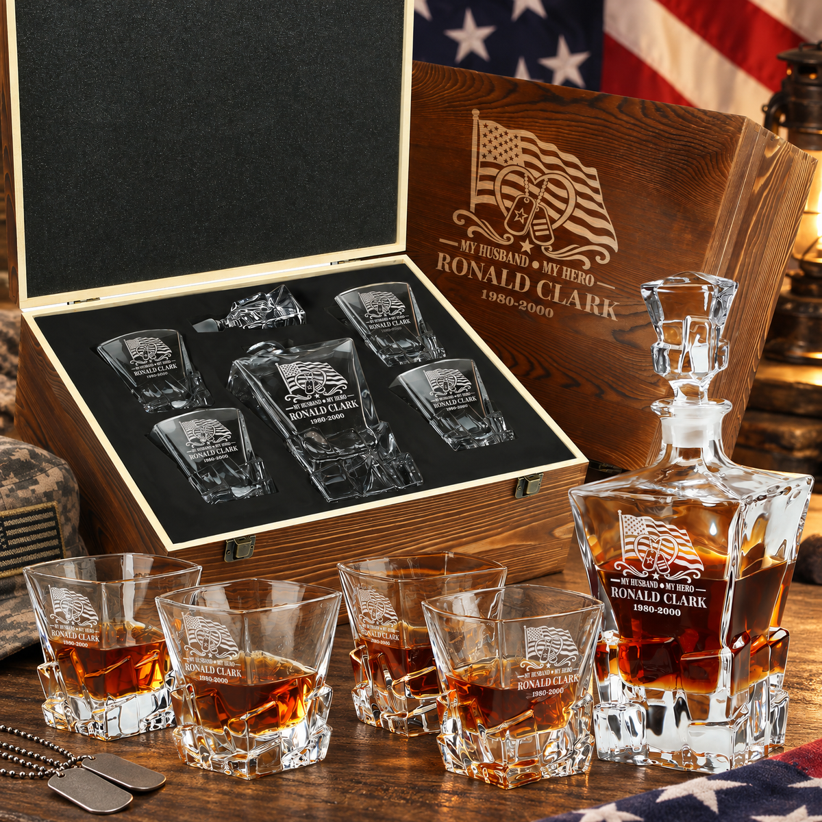 Veterans Day Gift – Stone Cut Decanter Set with 4 Glasses & Wooden Box product image