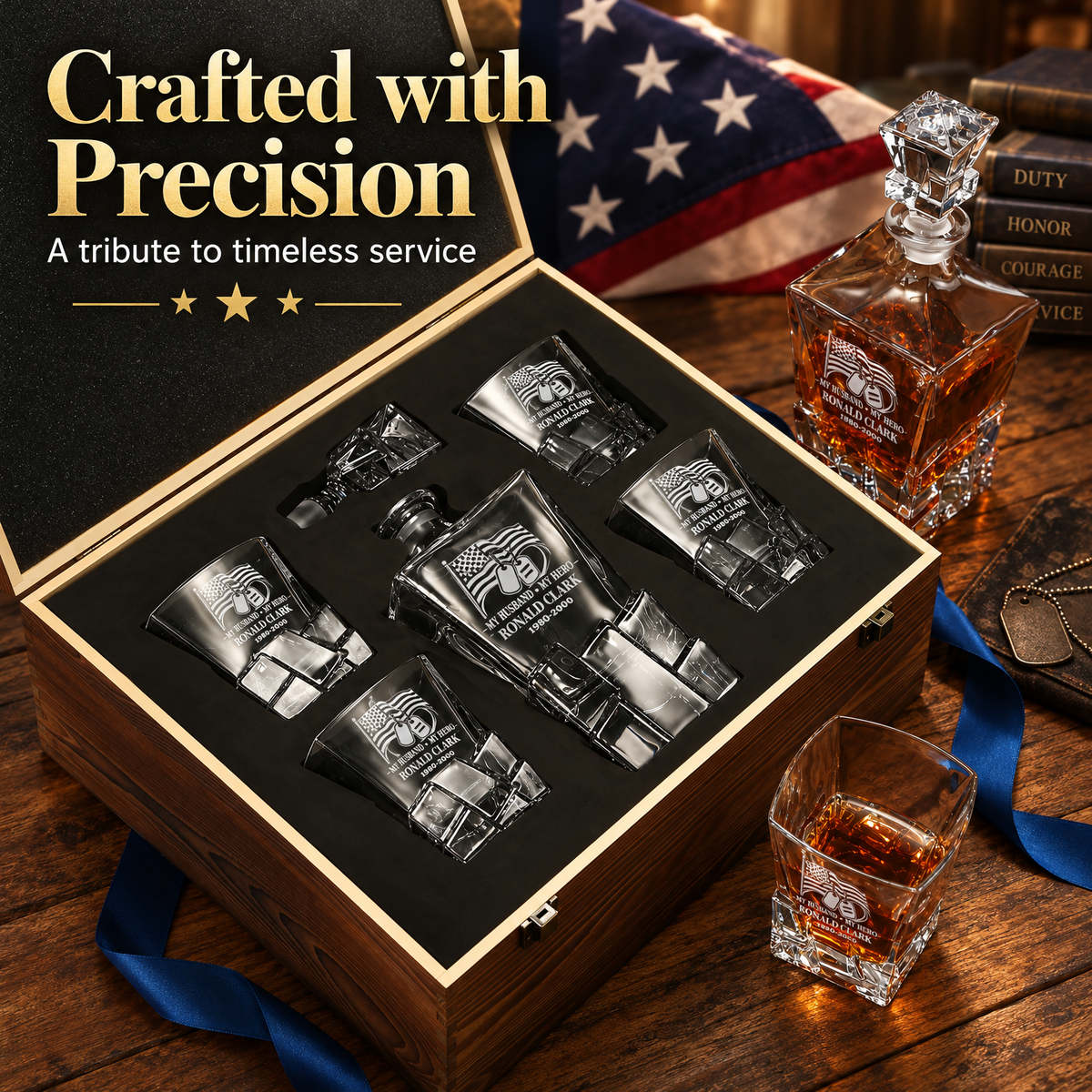 Veterans Day Gift – Stone Cut Decanter Set with 4 Glasses & Wooden Box product image