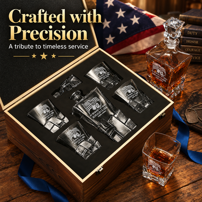 Veterans Day Gift – Stone Cut Decanter Set with 4 Glasses & Wooden Box – image 10