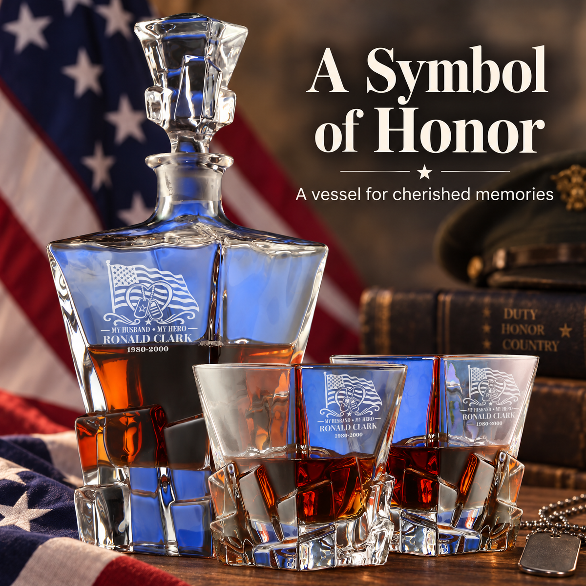 Veterans Day Gift – Stone Cut Decanter Set with 4 Glasses & Wooden Box – image 11