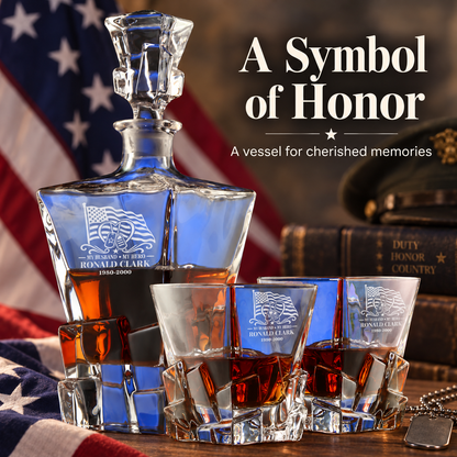 Veterans Day Gift – Stone Cut Decanter Set with 4 Glasses & Wooden Box – image 11