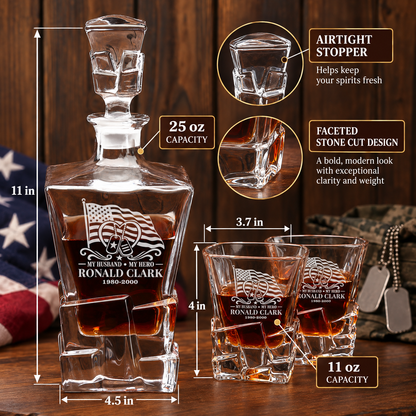 Veterans Day Gift – Stone Cut Decanter Set with 4 Glasses & Wooden Box – image 2