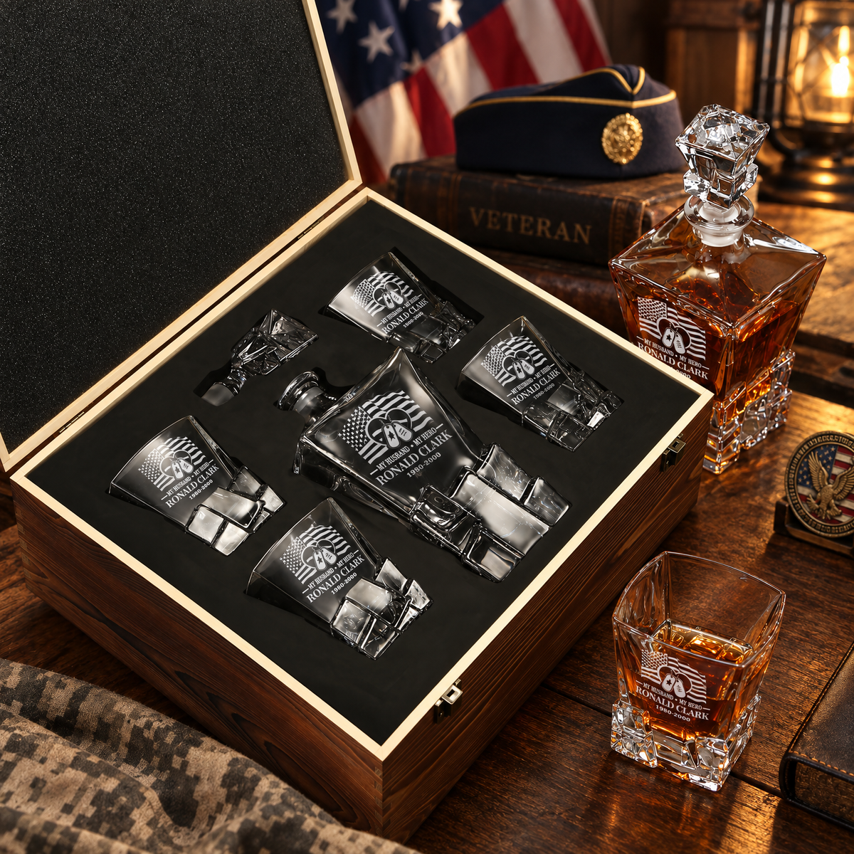 Veterans Day Gift – Stone Cut Decanter Set with 4 Glasses & Wooden Box product image