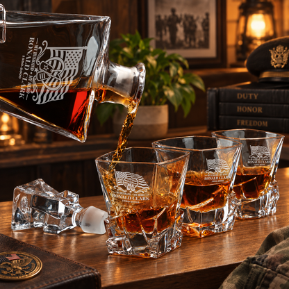 Veterans Day Gift – Stone Cut Decanter Set with 4 Glasses & Wooden Box – image 4
