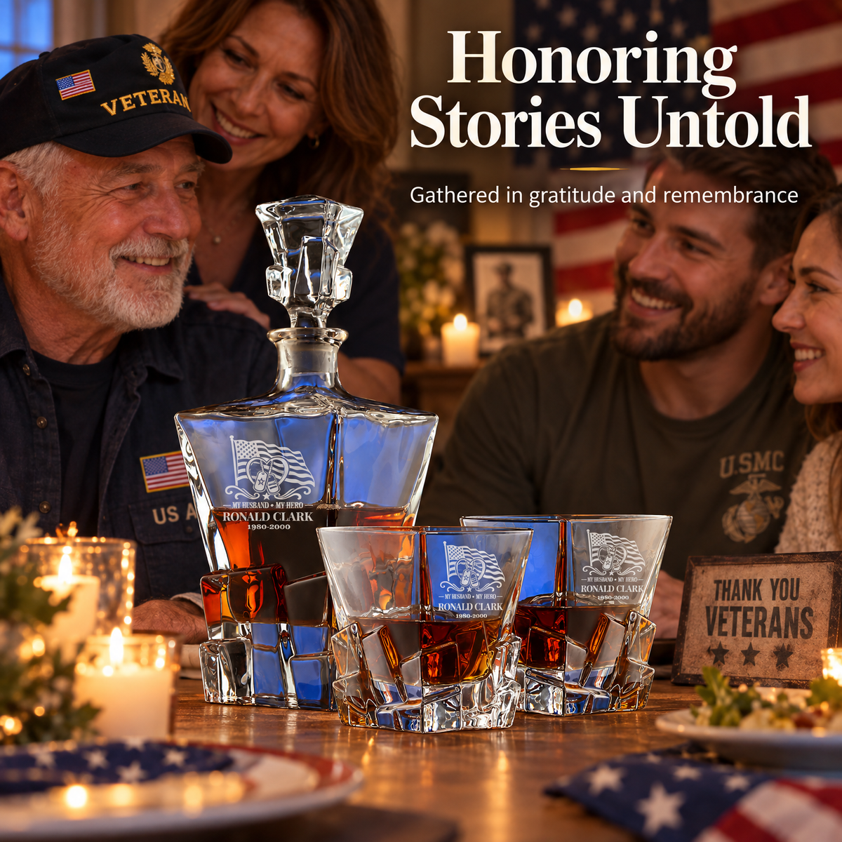 Veterans Day Gift – Stone Cut Decanter Set with 4 Glasses & Wooden Box – image 5