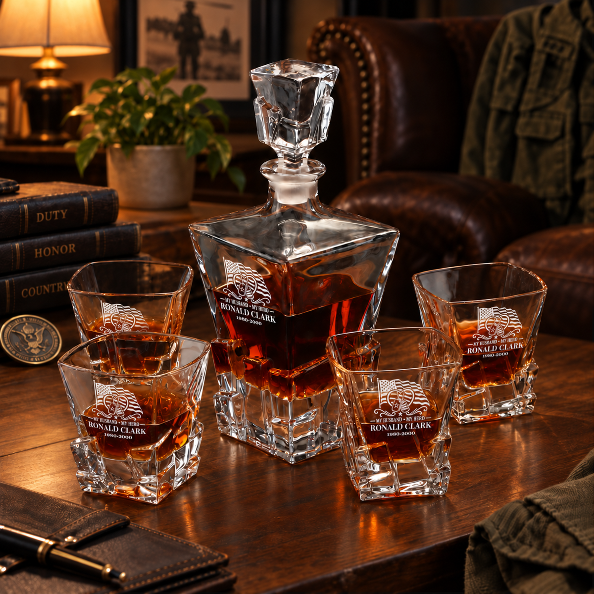 Veterans Day Gift – Stone Cut Decanter Set with 4 Glasses & Wooden Box product image