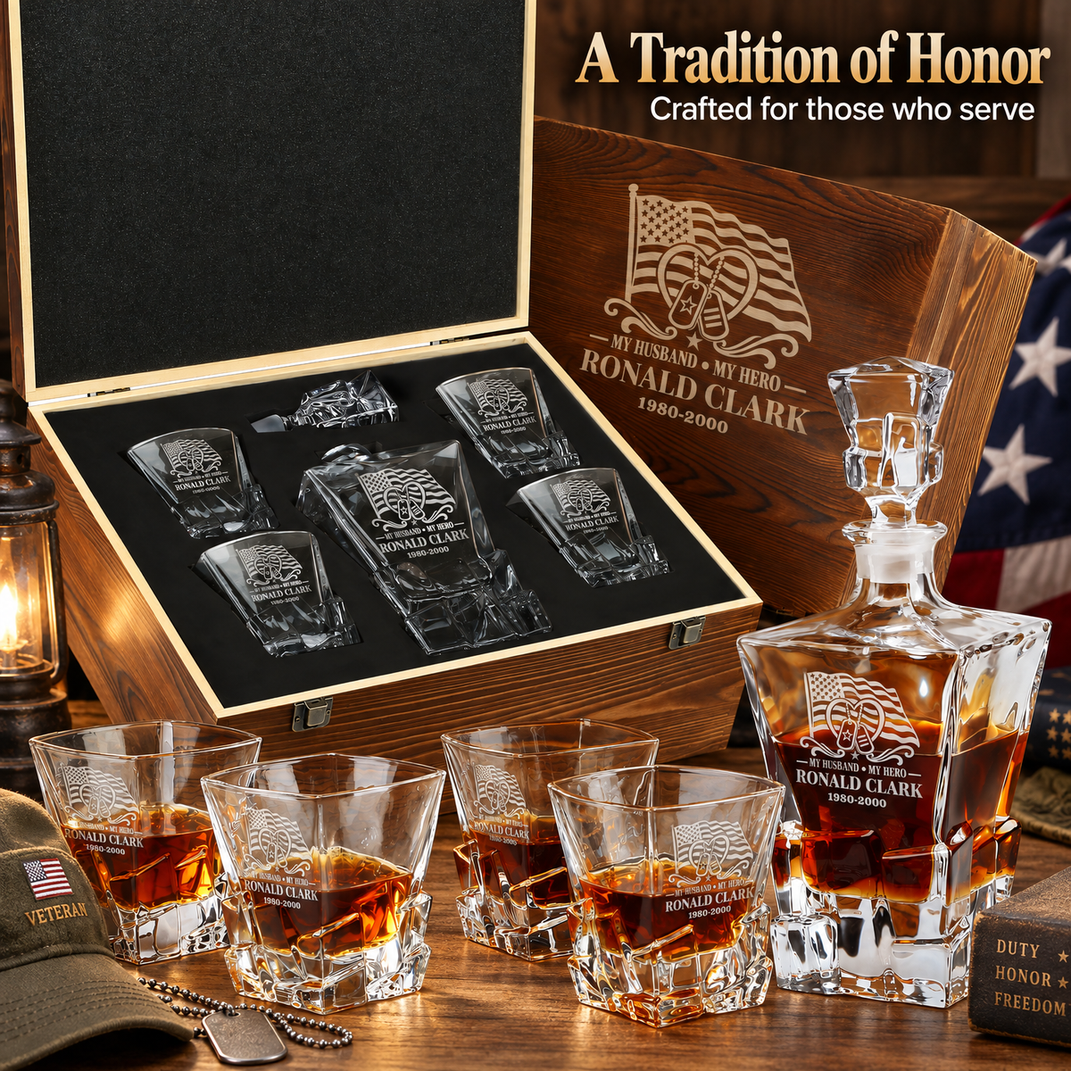 Veterans Day Gift – Stone Cut Decanter Set with 4 Glasses & Wooden Box product image