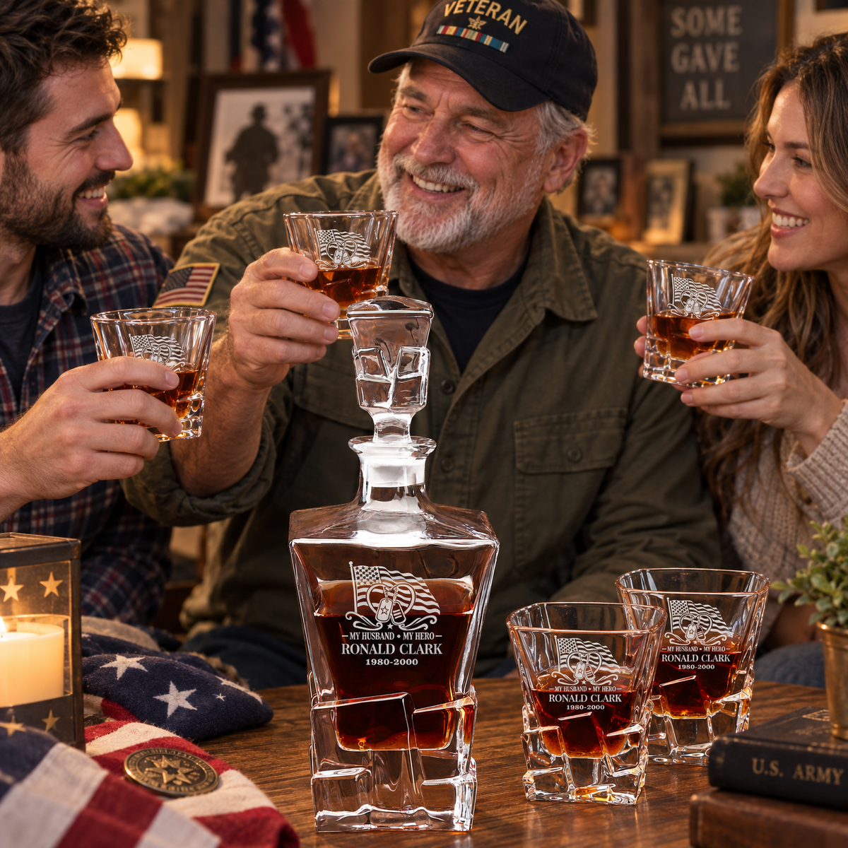 Veterans Day Gift – Stone Cut Decanter Set with 4 Glasses & Wooden Box – image 9