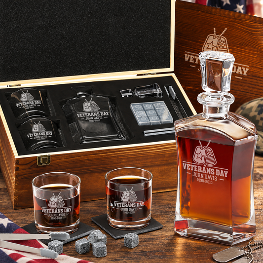 Veterans Day Gift – Old Fashioned Decanter Set with 2 Glasses, 9 Whiskey Stones & Wooden Box – image 1