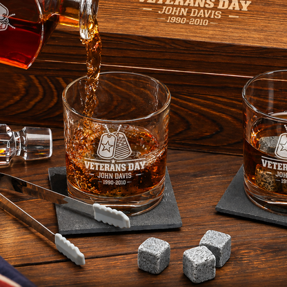 Veterans Day Gift – Old Fashioned Decanter Set with 2 Glasses, 9 Whiskey Stones & Wooden Box – image 10