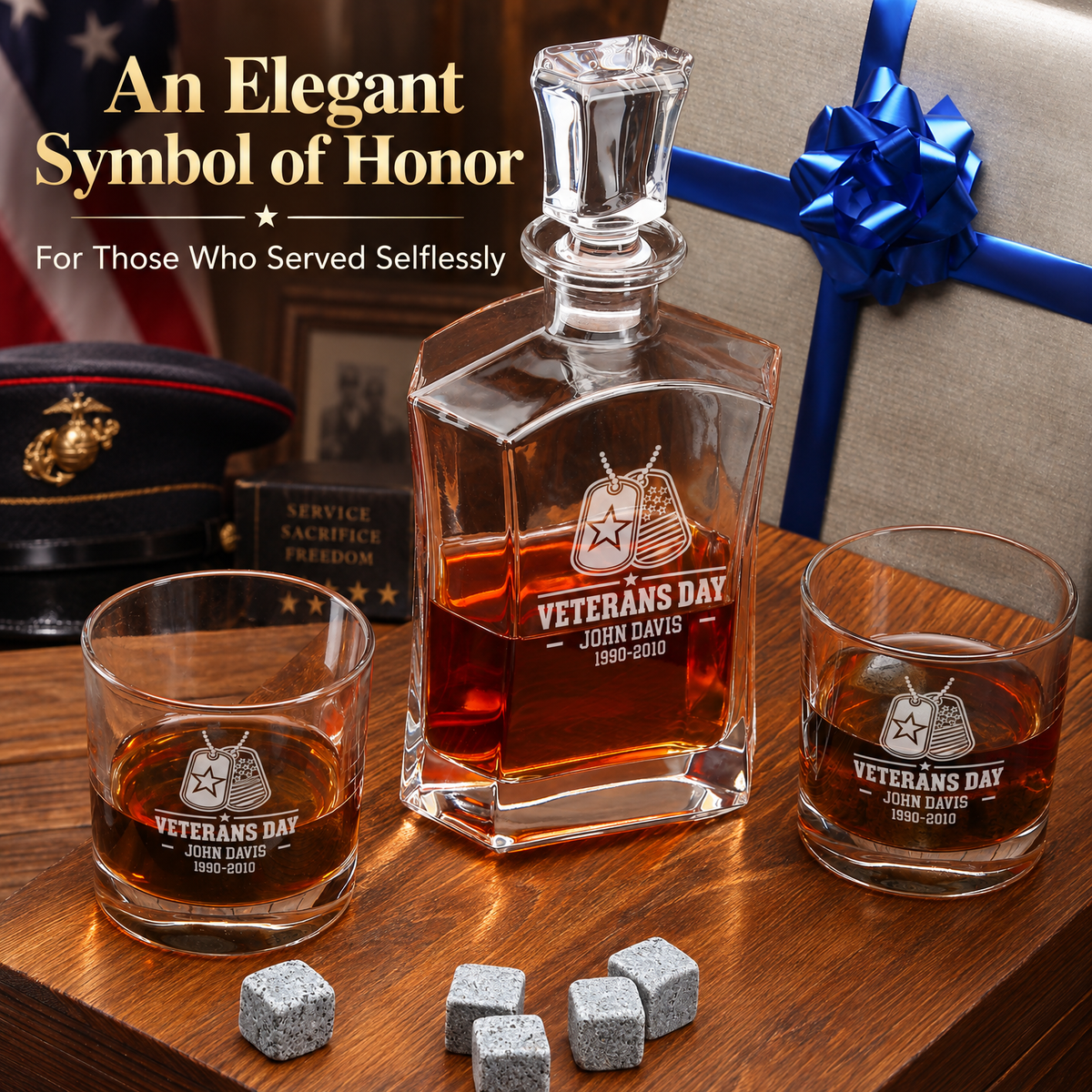 Veterans Day Gift – Old Fashioned Decanter Set with 2 Glasses, 9 Whiskey Stones & Wooden Box – image 11