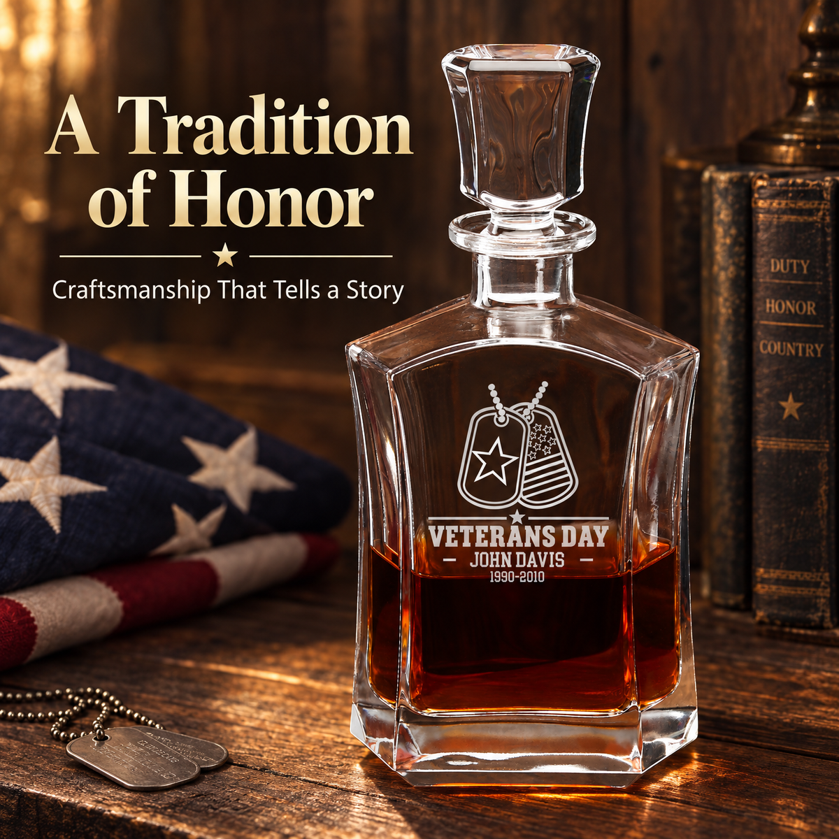 Veterans Day Gift – Old Fashioned Decanter Set with 2 Glasses, 9 Whiskey Stones & Wooden Box product image