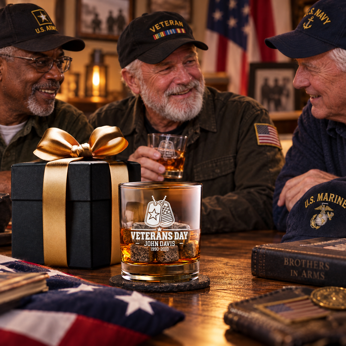 Veterans Day Gift – Old Fashioned Decanter Set with 2 Glasses, 9 Whiskey Stones & Wooden Box product image