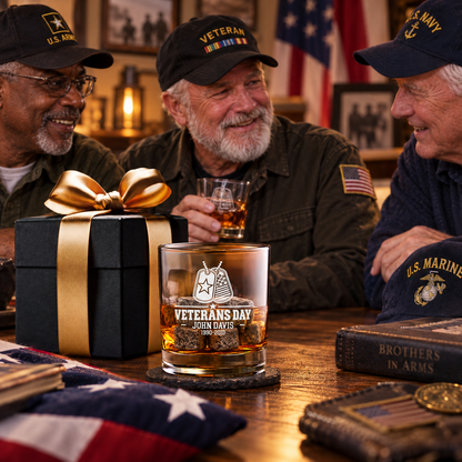 Veterans Day Gift – Old Fashioned Decanter Set with 2 Glasses, 9 Whiskey Stones & Wooden Box – image 13