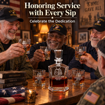 Veterans Day Gift – Old Fashioned Decanter Set with 2 Glasses, 9 Whiskey Stones & Wooden Box – image 2