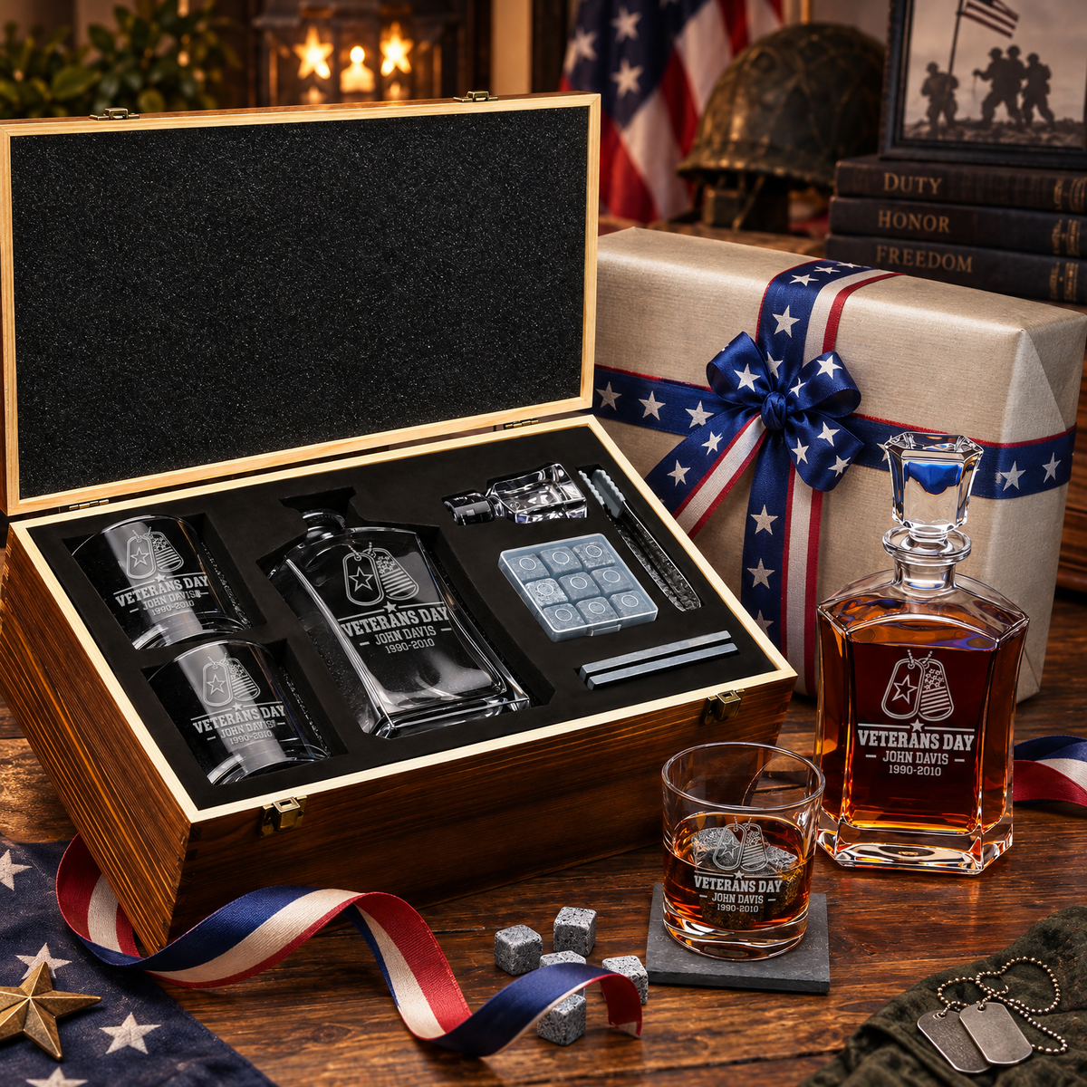 Veterans Day Gift – Old Fashioned Decanter Set with 2 Glasses, 9 Whiskey Stones & Wooden Box – image 3