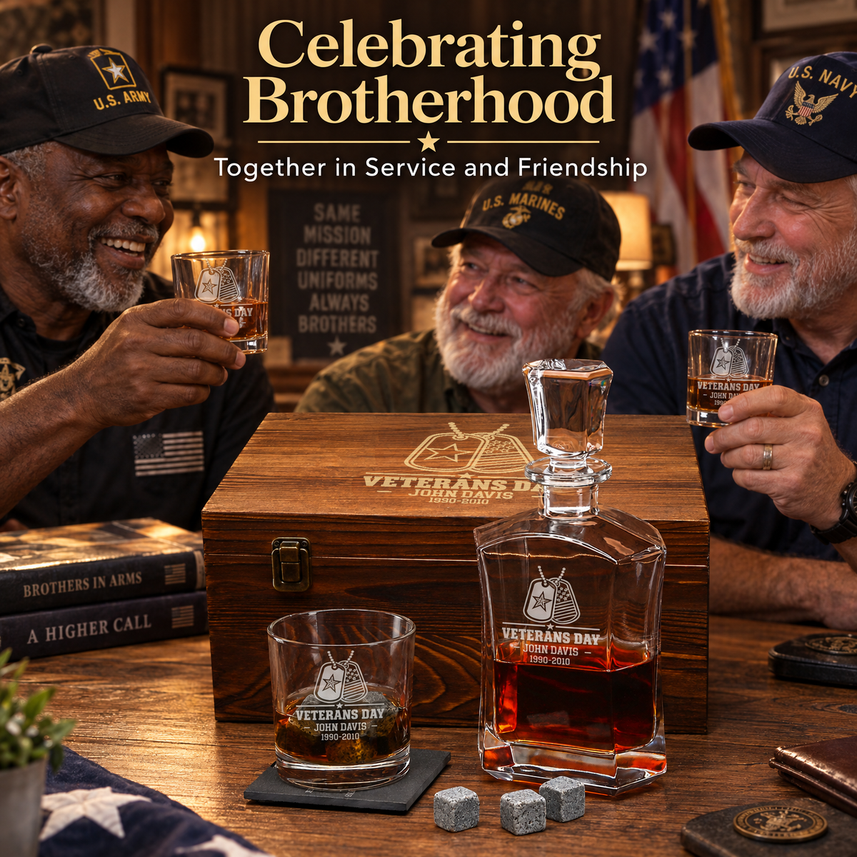Veterans Day Gift – Old Fashioned Decanter Set with 2 Glasses, 9 Whiskey Stones & Wooden Box – image 5